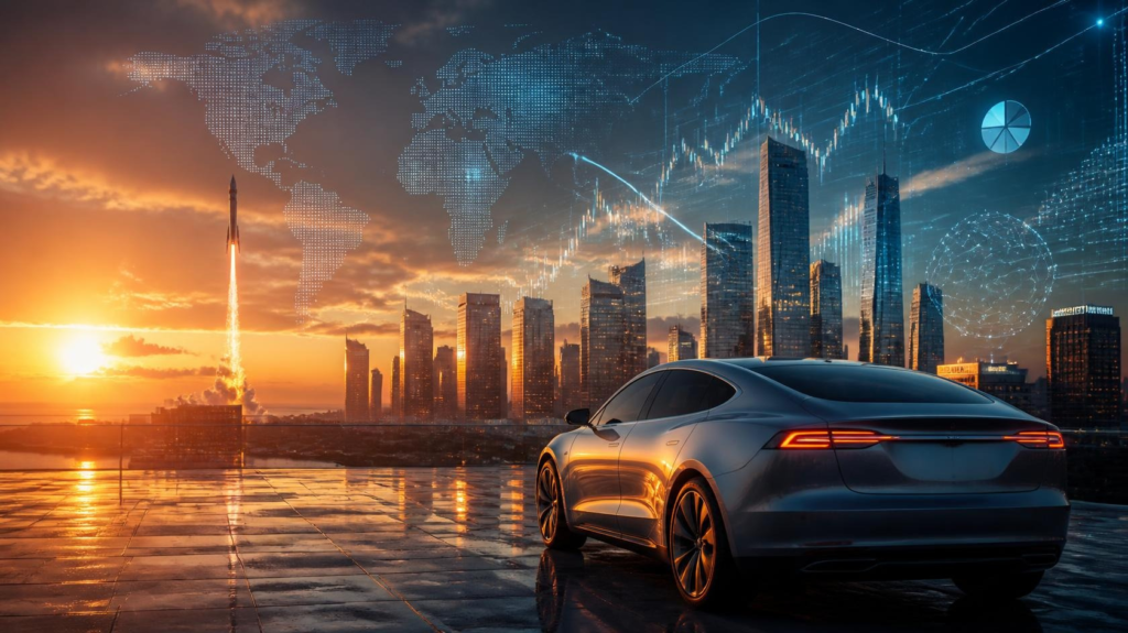 Tesla vehicle with futuristic city skyline representing innovation and global business strategy.