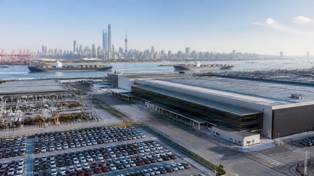 Tesla Gigafactory-inspired manufacturing facility in Shanghai supporting global electric vehicle production.