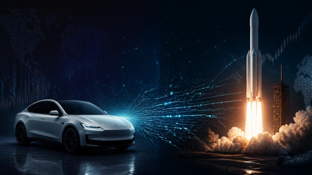 Tesla electric vehicle and SpaceX rocket representing technological connections between the companies.