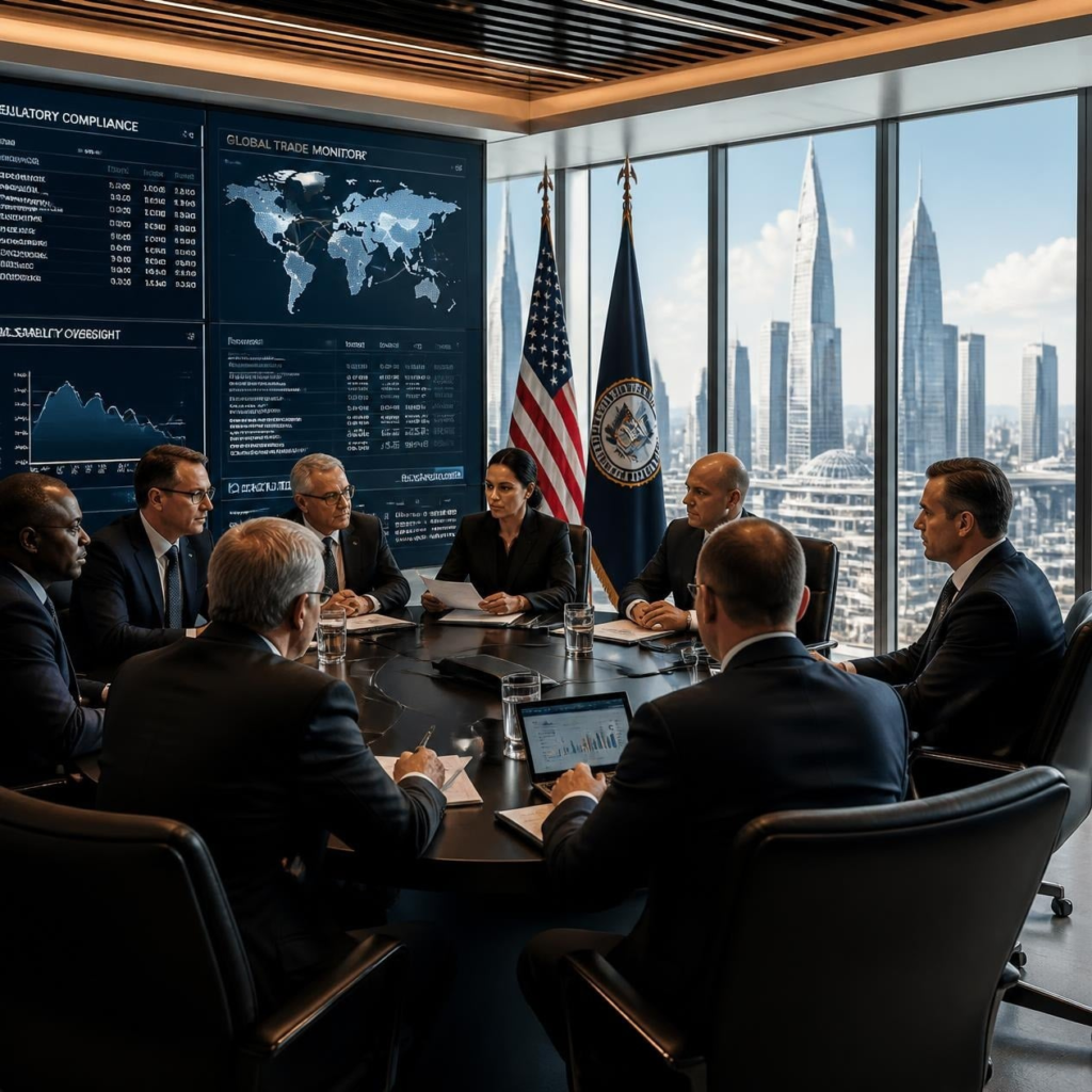 Business executives and government officials reviewing corporate documents during a regulatory meeting.