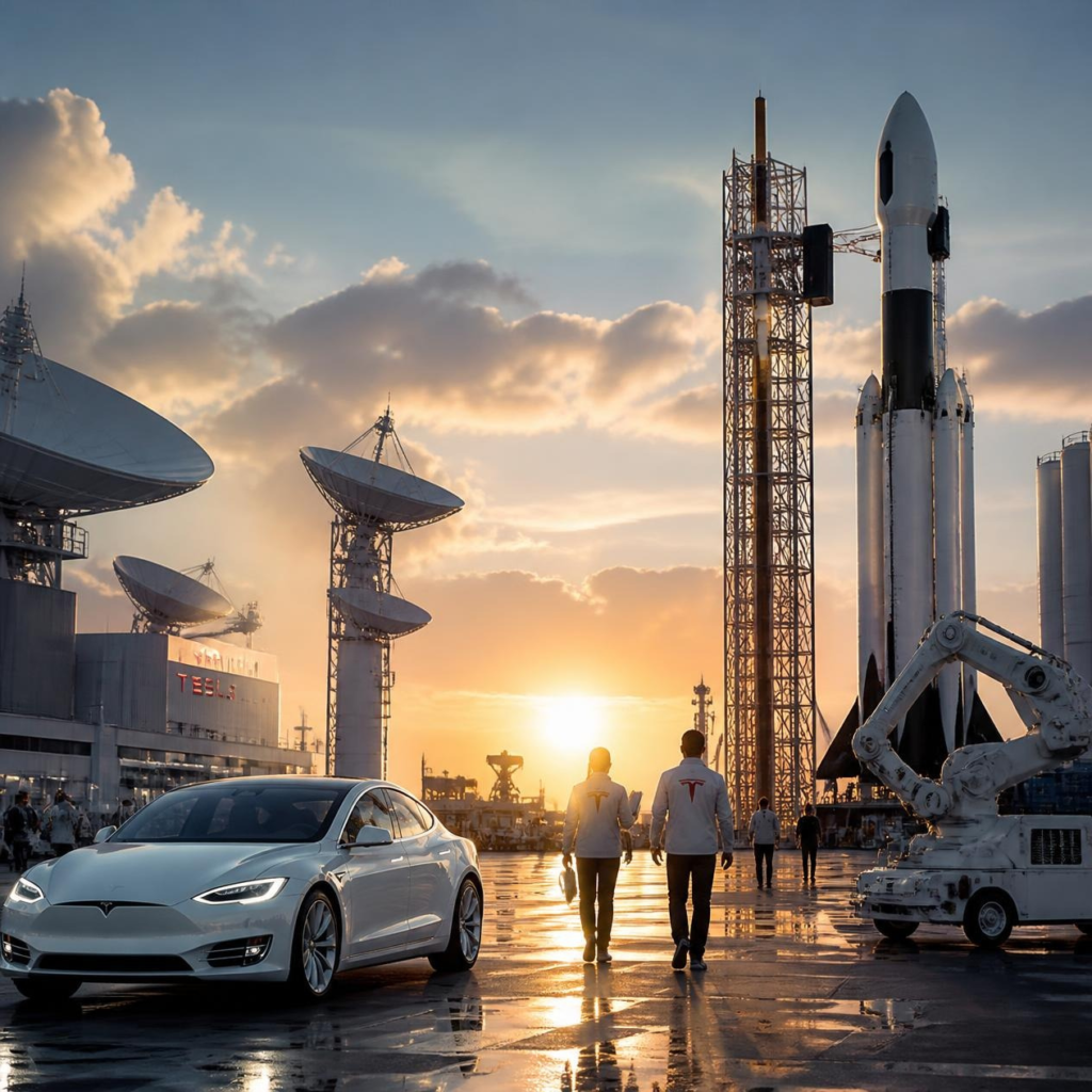 Modern electric vehicle beside a reusable rocket representing advanced engineering and future technology.