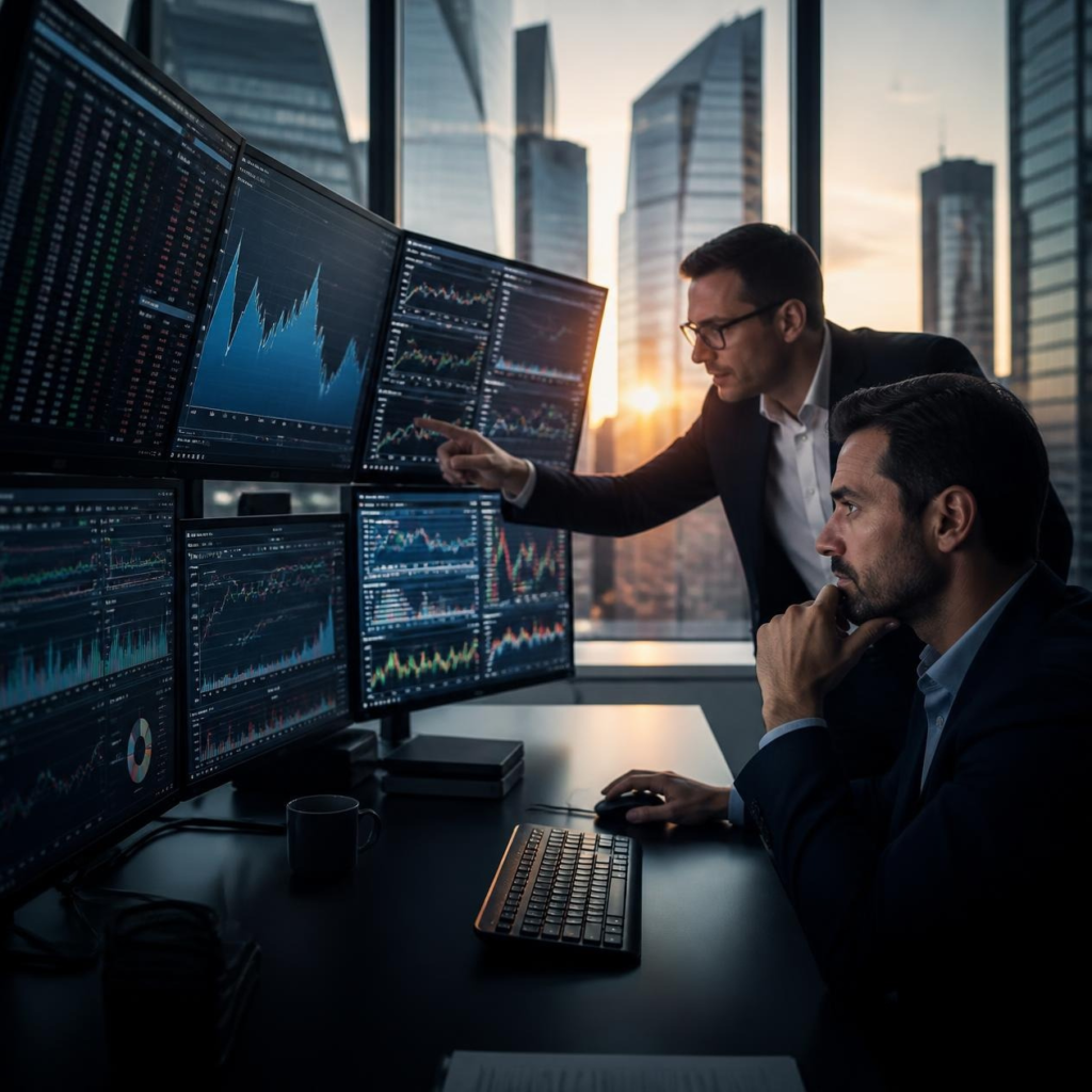 Professional investors analyzing financial data and stock market performance in a modern trading office.