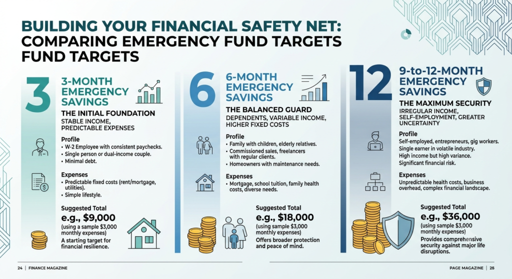 Comparison of three six and twelve month emergency savings targets