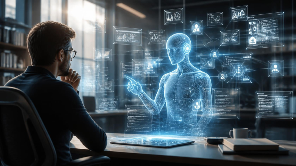 Professional working alongside an advanced AI agent managing multiple digital tasks through holographic interfaces.