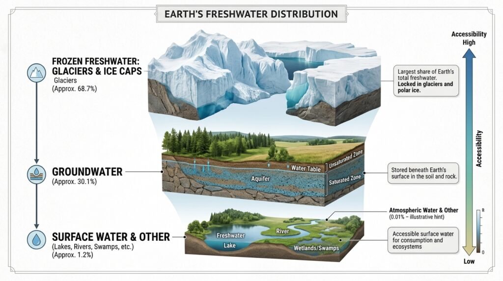 Diagram showing where Earth's freshwater is stored in glaciers groundwater and surface water