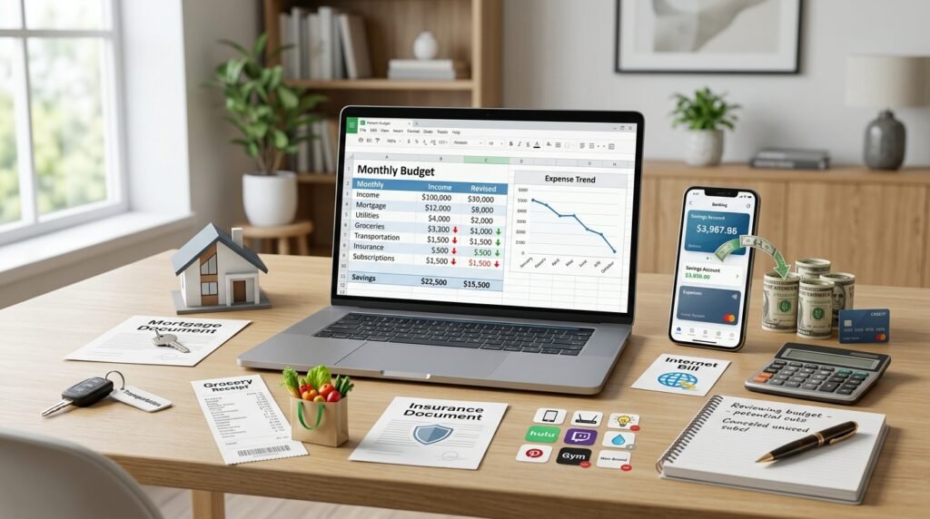 Monthly budget showing household expenses that can be reduced to increase savings