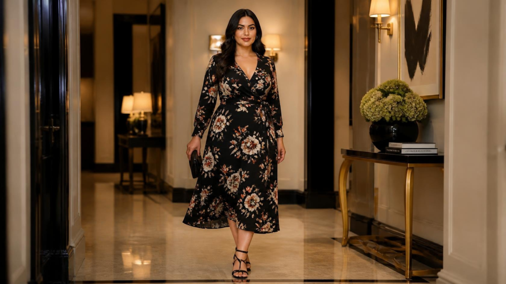 Wrap midi dress with V-neckline and waist tie on a pear-shaped body