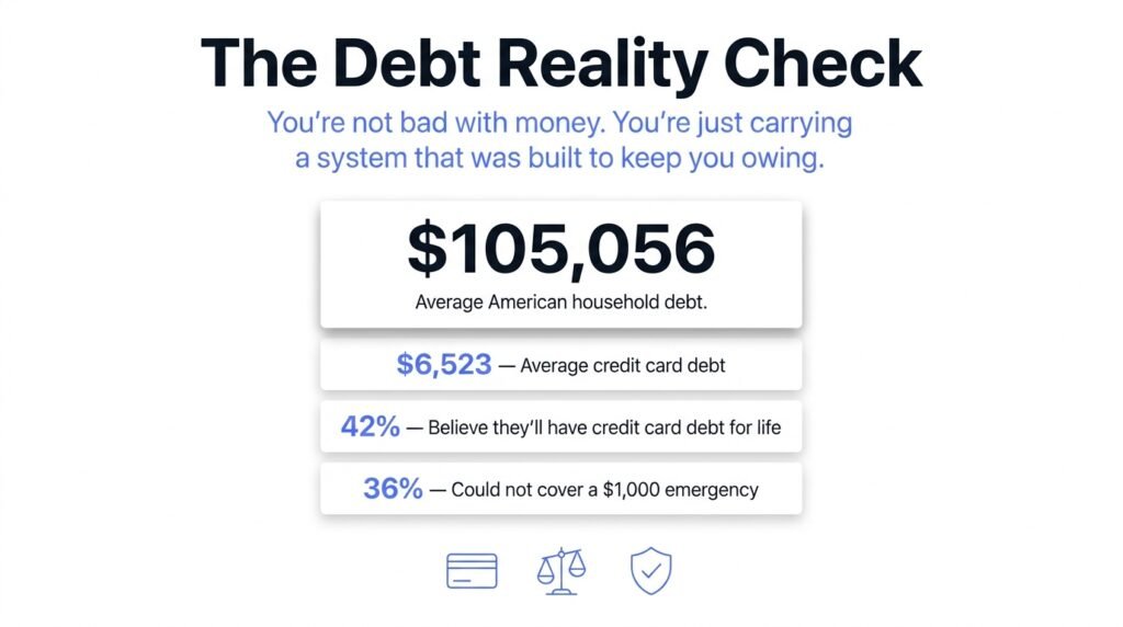 Data infographic showing average American household debt in 2026 — $105,056 total, $6,523 average credit card debt, and 42% who believe they'll carry credit card debt for life.