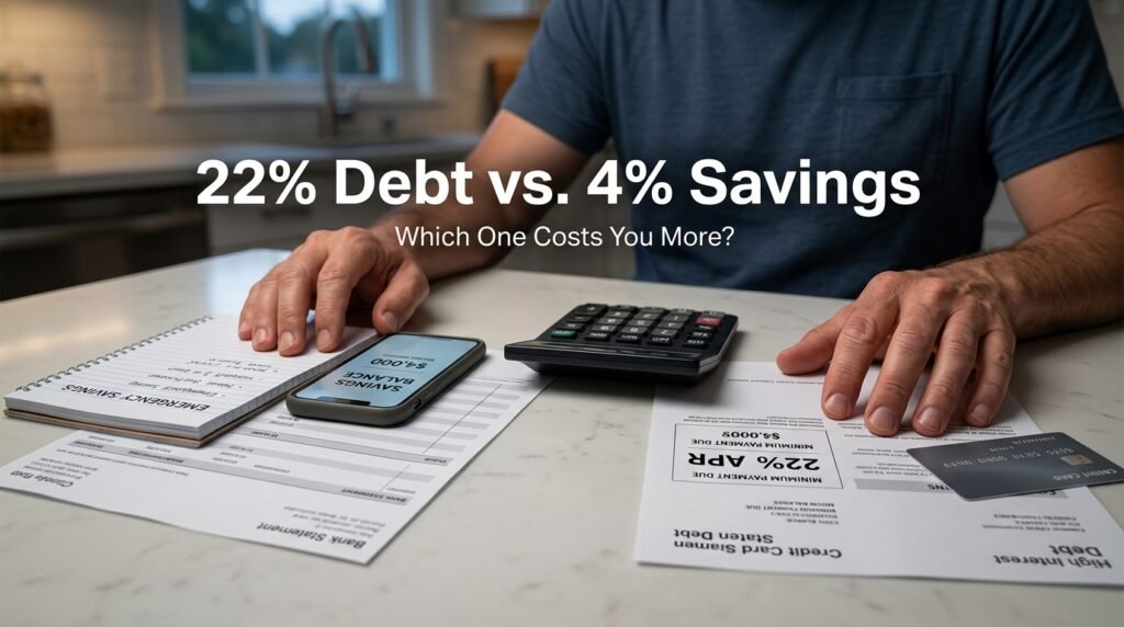 Person comparing high-interest credit card debt with savings account returns using a calculator