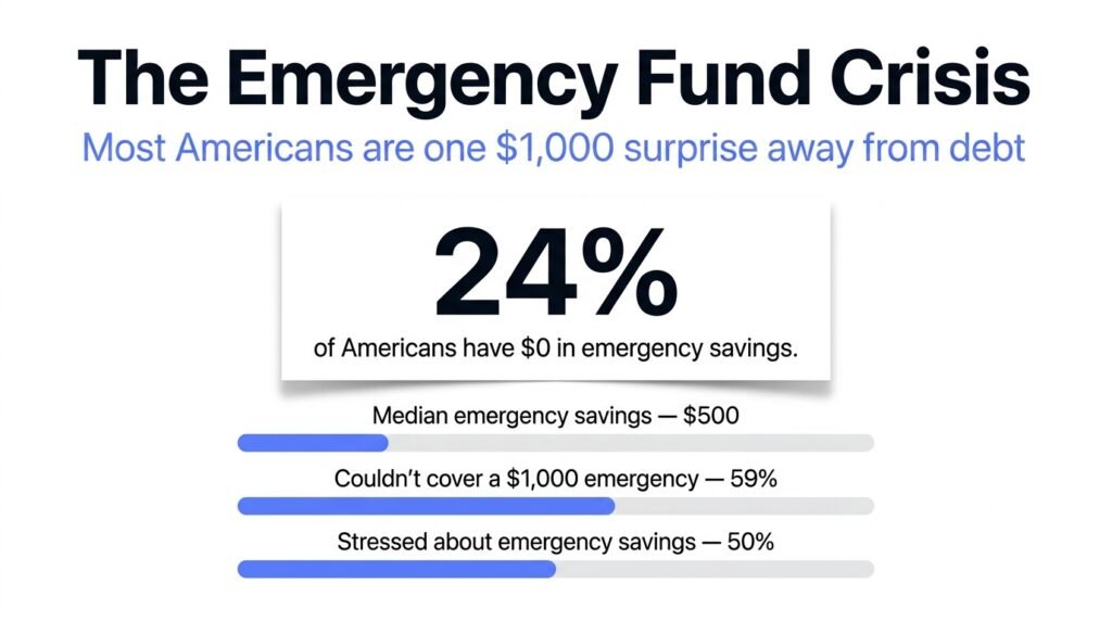 Data infographic showing the emergency fund crisis in 2026 — 24% of Americans have no emergency savings, median balance is $500, and 59% couldn't cover a $1,000 emergency