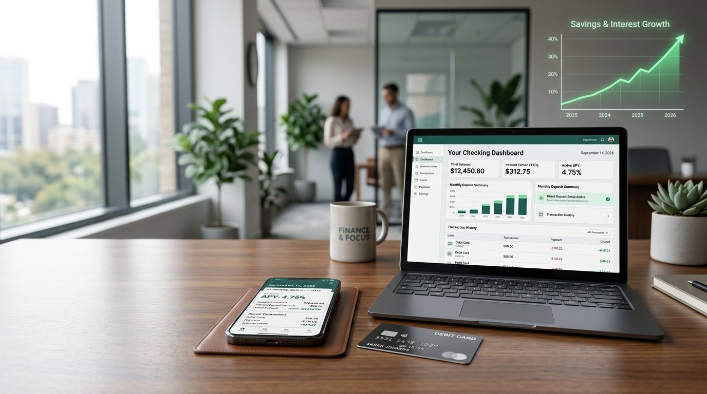 High yield checking account dashboard showing balance, transactions and interest earnings