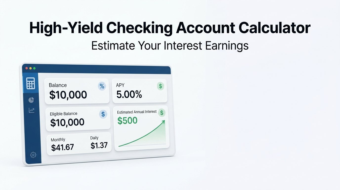 High yield checking account calculator showing $10,000 balance, 5% APY and estimated interest earnings