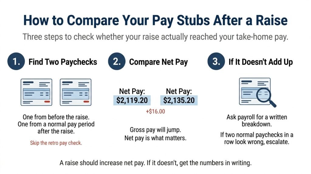 Three-step infographic showing how to compare pay stubs before and after a salary raise, focusing on net pay difference rather than gross pay