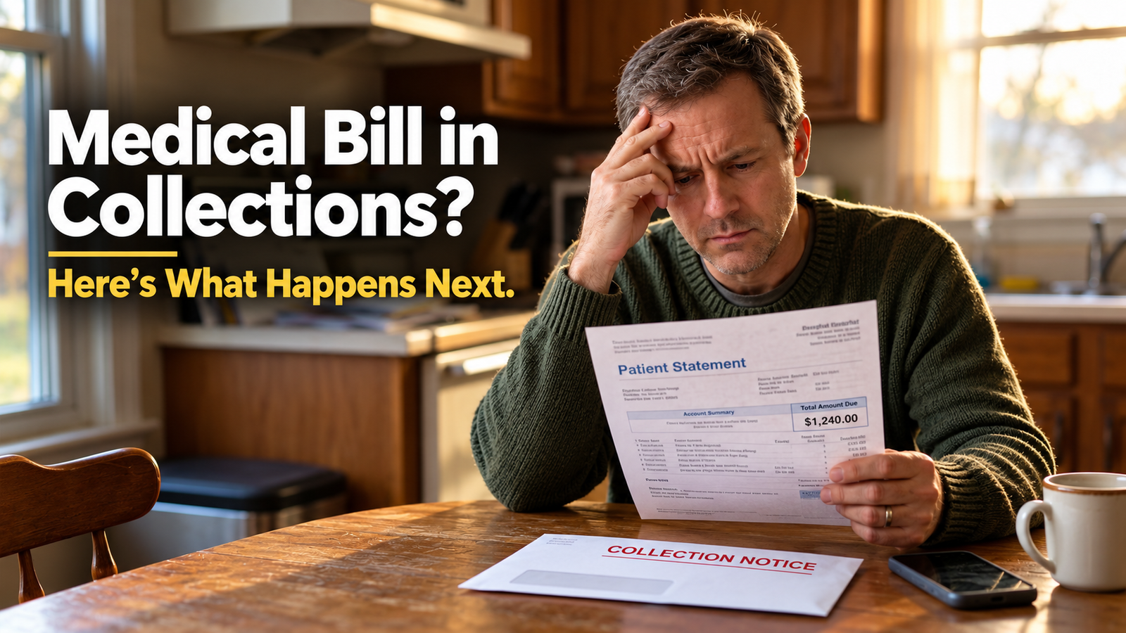 Person reviewing a medical bill and collection notice at home