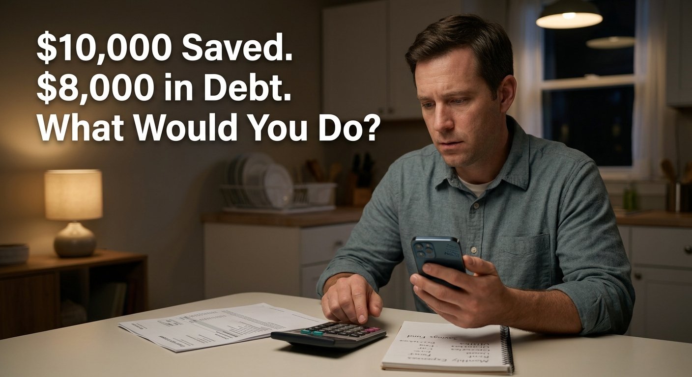 Man comparing $10,000 in savings with $8,000 in debt while deciding whether to save or pay off debt