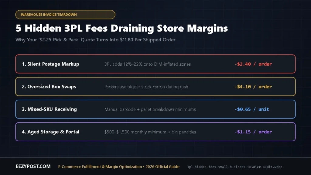 Breakdown of 3pl hidden fees small business stores pay including 18% postage markups, box substitution errors, and inbound receiving penalties.
