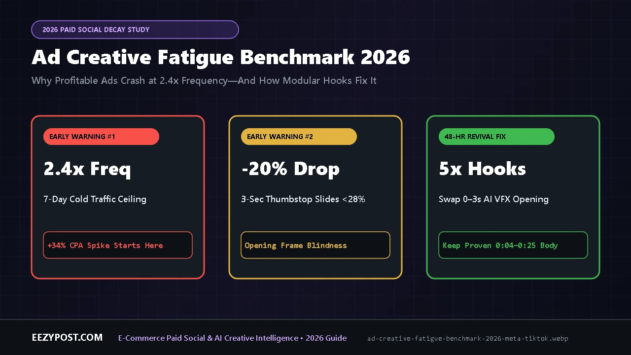 Chart of the 2026 ad creative fatigue benchmark showing ROAS decay days across TikTok, Meta Reels, pure AI avatars, and hybrid VFX hooks.