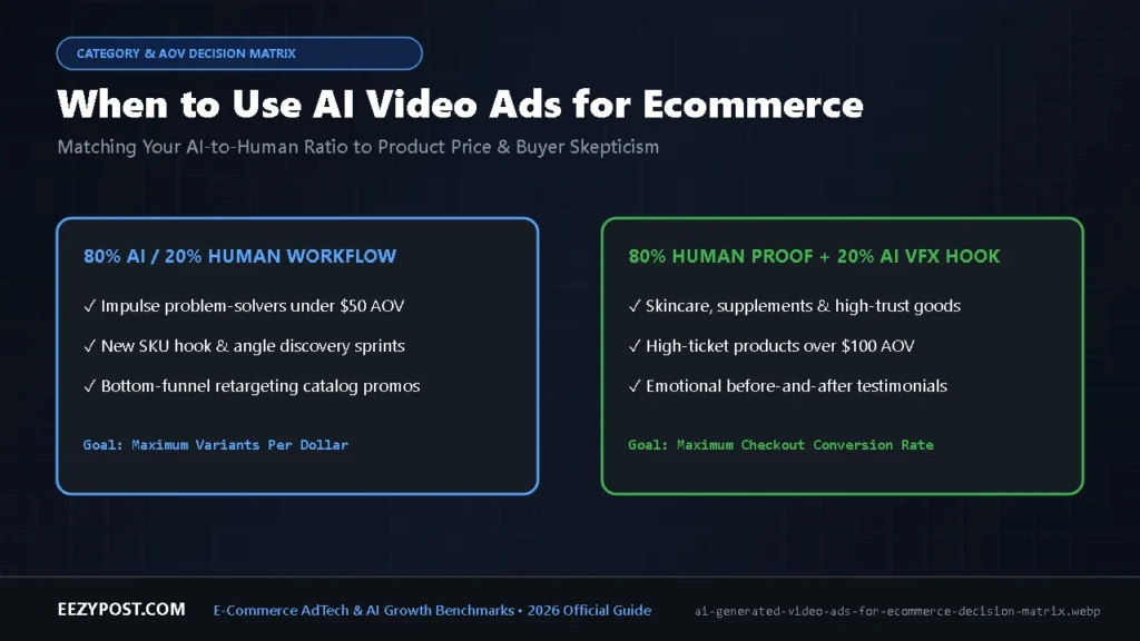 Decision matrix for ai generated video ads for ecommerce mapping product price point and buyer trust requirements to the right AI vs human mix.