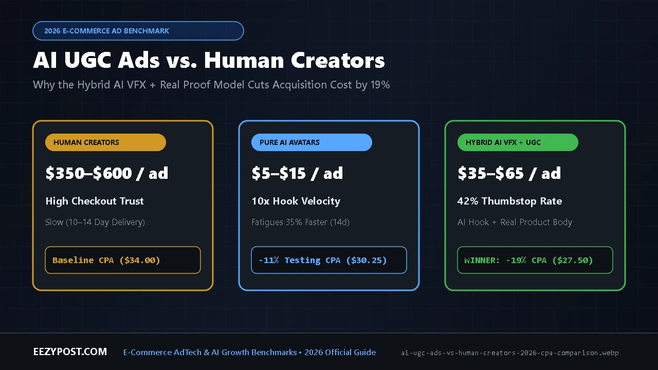 Comparison chart of ai ugc ads vs human creators showing 2026 CPA benchmarks, production costs, and the hybrid AI VFX workflow.