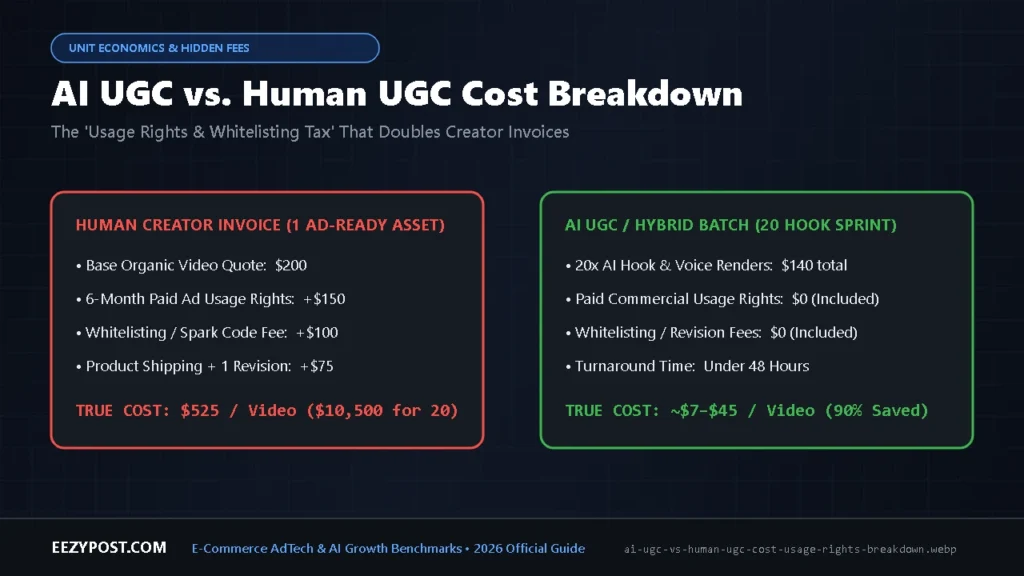 Infographic of ai ugc vs human ugc cost comparing a $10 AI video against a $450 human creator invoice with usage rights and whitelisting fees.