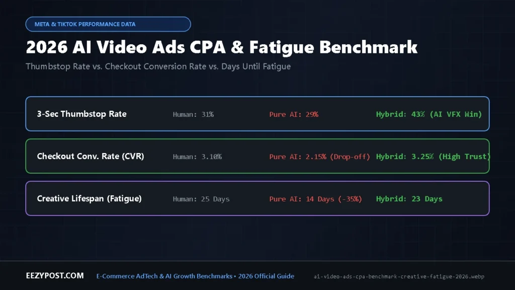 Data chart of the 2026 ai video ads cpa benchmark comparing thumbstop rate, conversion rate, and 14-day vs 25-day creative fatigue.