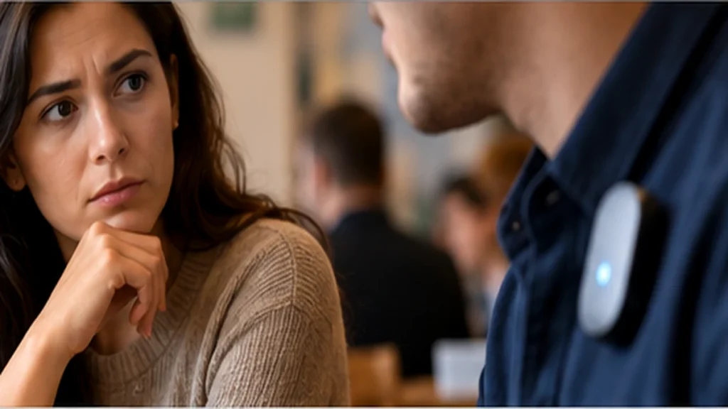 Can AI wearables record you without consent? A woman notices a clip-on AI device during a private café conversation.
