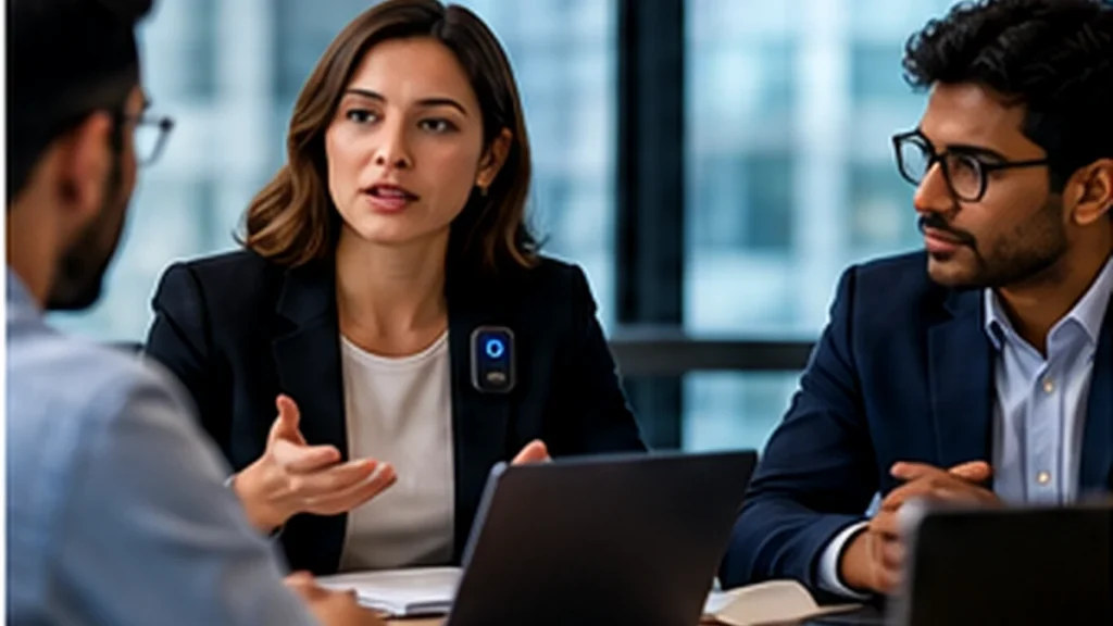 Office employees discussing documents during a meeting while one participant wears a clip-on AI device