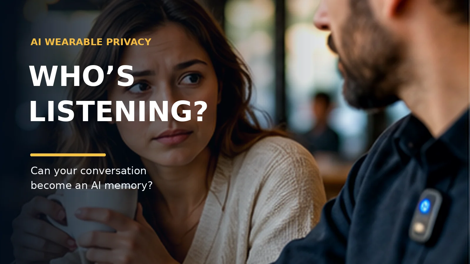 Small AI wearable clipped to clothing during a private conversation, illustrating concerns about AI recording and consent