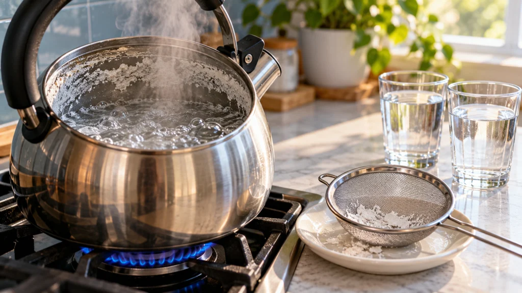 Boiling water in a kettle with mineral scale and a kitchen strainer.