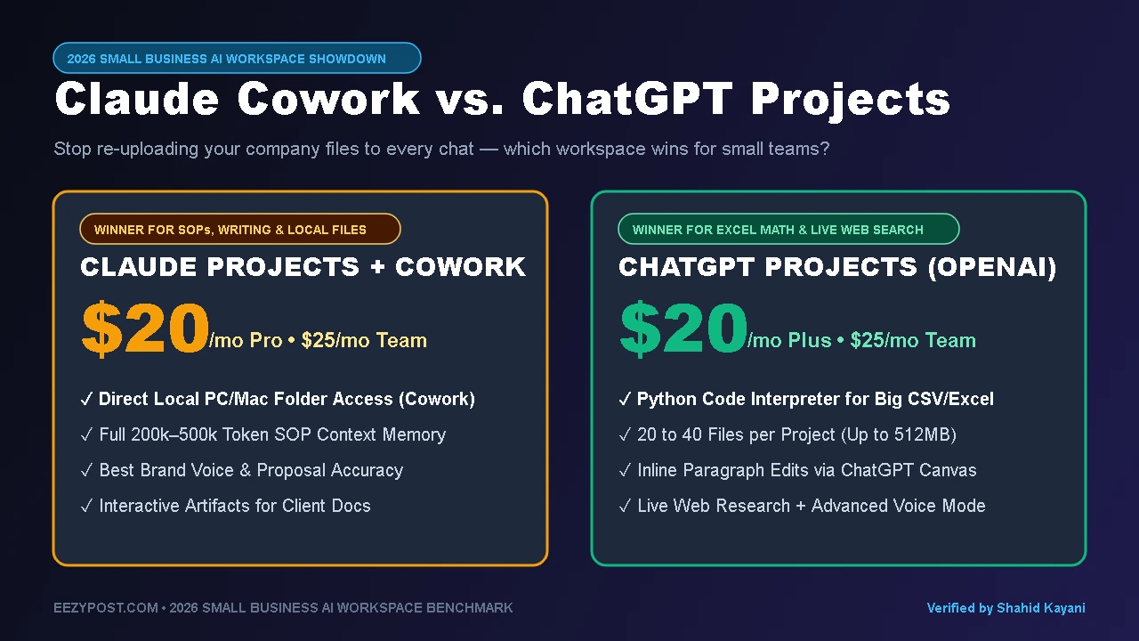Claude Cowork vs. ChatGPT Projects comparison showing local desktop folder access, 200k-500k token SOP memory, and Python CSV analysis