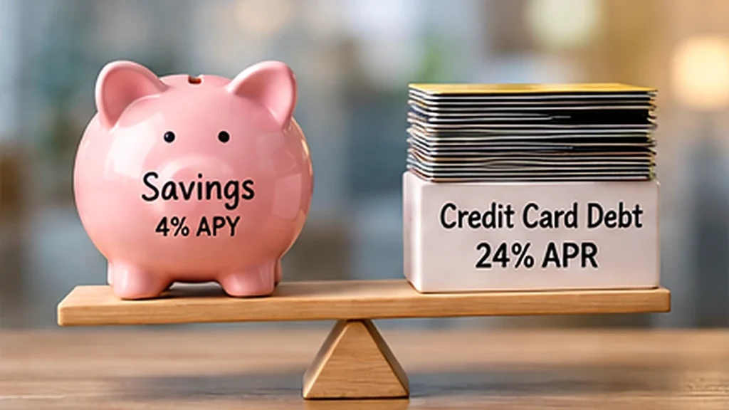 Piggy bank showing 4% APY beside credit card debt showing 24% APR