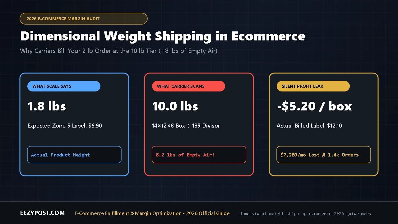 Diagram of dimensional weight shipping ecommerce rules comparing a 2 lb actual scale weight against a 10 lb 139 divisor volumetric charge.