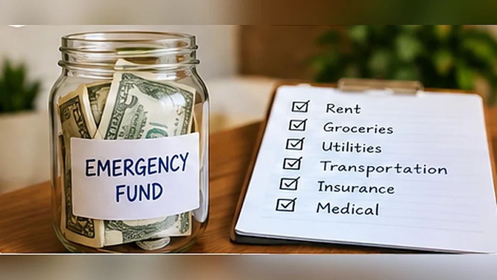 Emergency savings jar with a checklist of rent, groceries, utilities, transportation and medical expenses