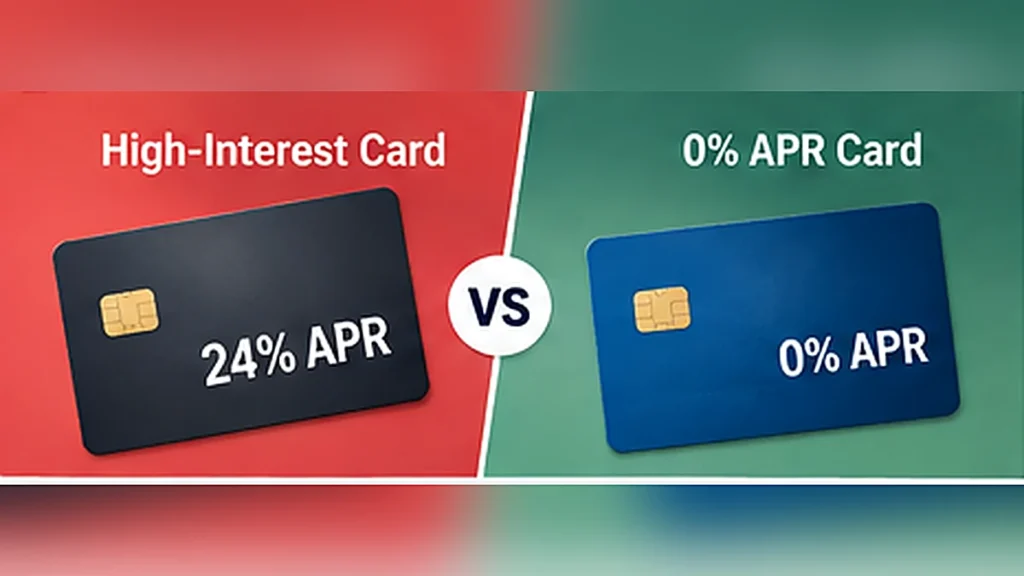 Comparison of a credit card charging 24% APR with a card offering 0% introductory APR