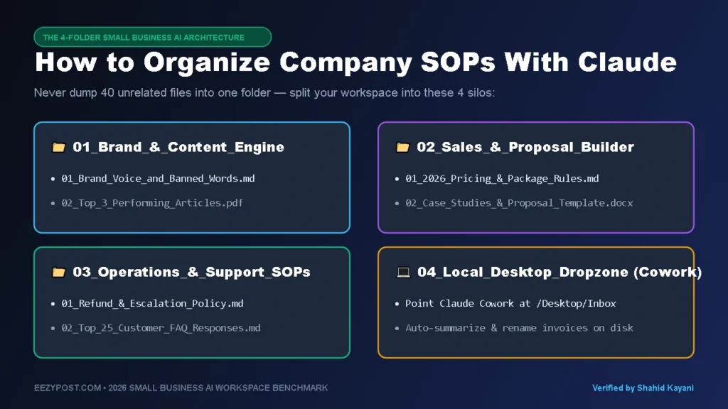 How to organize company SOPs with Claude using four dedicated project folders for Brand Voice, Sales Proposals, Operations SOPs, and Local Desktop Cowork