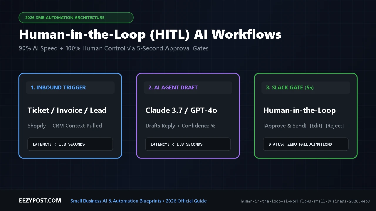 Diagram of human in the loop AI workflows for small business showing AI agent drafting, a 1-click Slack approval gate, and automated execution.