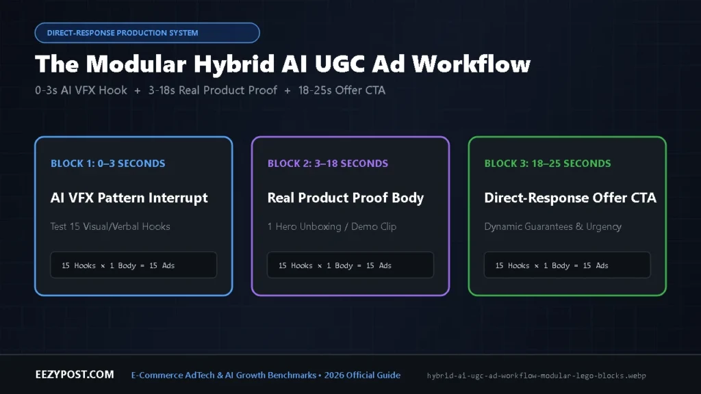 Diagram of the hybrid ai ugc ad workflow combining a 3-second AI VFX hook, authentic product B-roll body, and direct-response offer CTA.