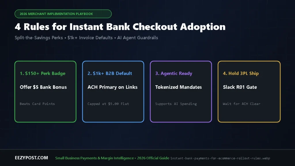 Implementation blueprint for instant bank payments for ecommerce covering $150+ cashback badges, B2B ACH defaults, and AI agent guardrails.