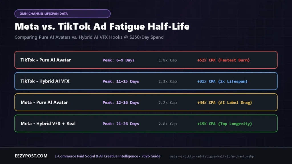 Side-by-side comparison of meta vs tiktok ad fatigue comparing 7-to-14 day TikTok decay against 21-to-26 day Meta Reels longevity.