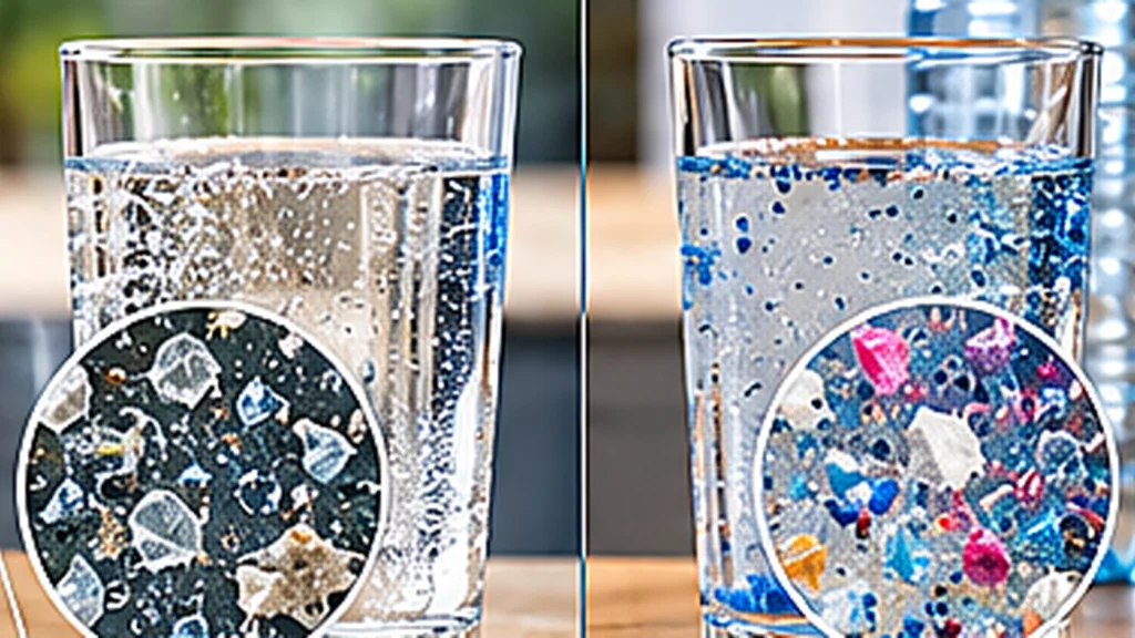 Illustrative comparison of tap water and bottled water with magnified particle views.