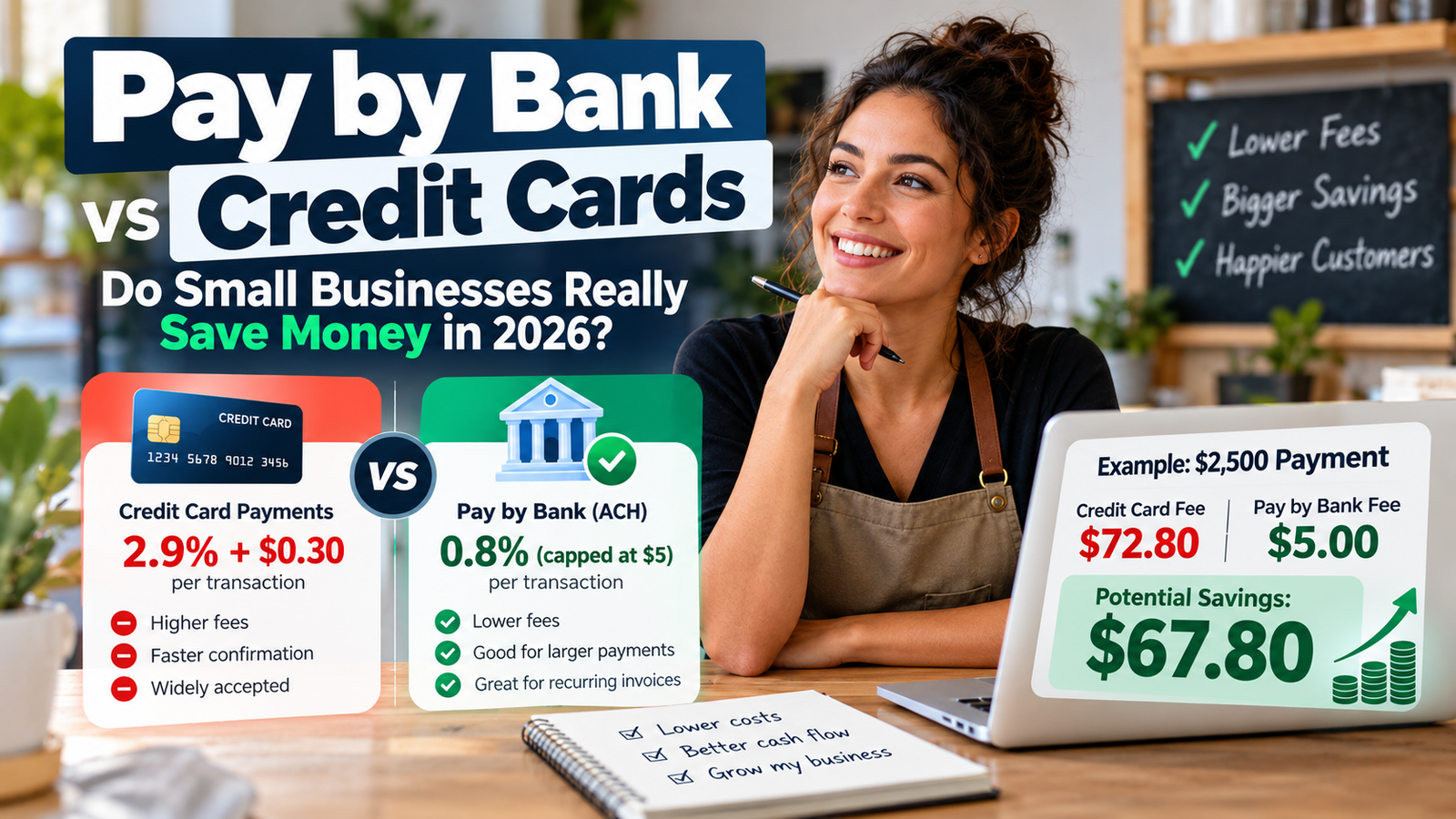 Pay by bank vs credit cards comparison showing potential payment processing savings for small businesses.