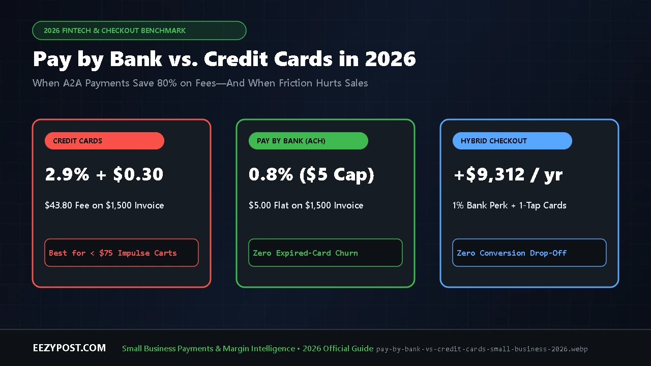 Comparison diagram of pay by bank vs credit cards showing 2.9% card interchange fees versus 0.8% capped open banking A2A payments.