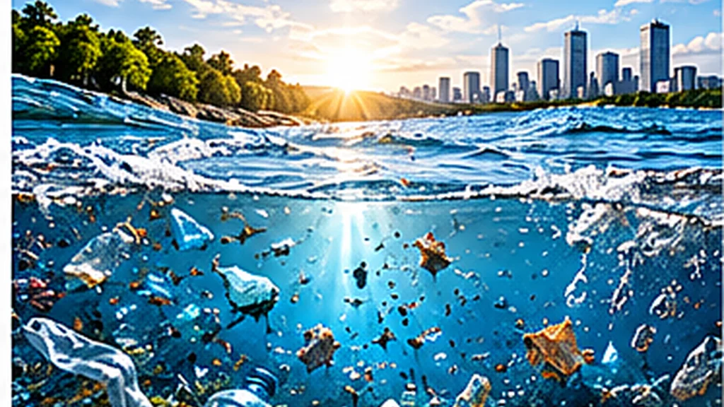 Conceptual illustration of plastic debris floating in a waterway near a city.