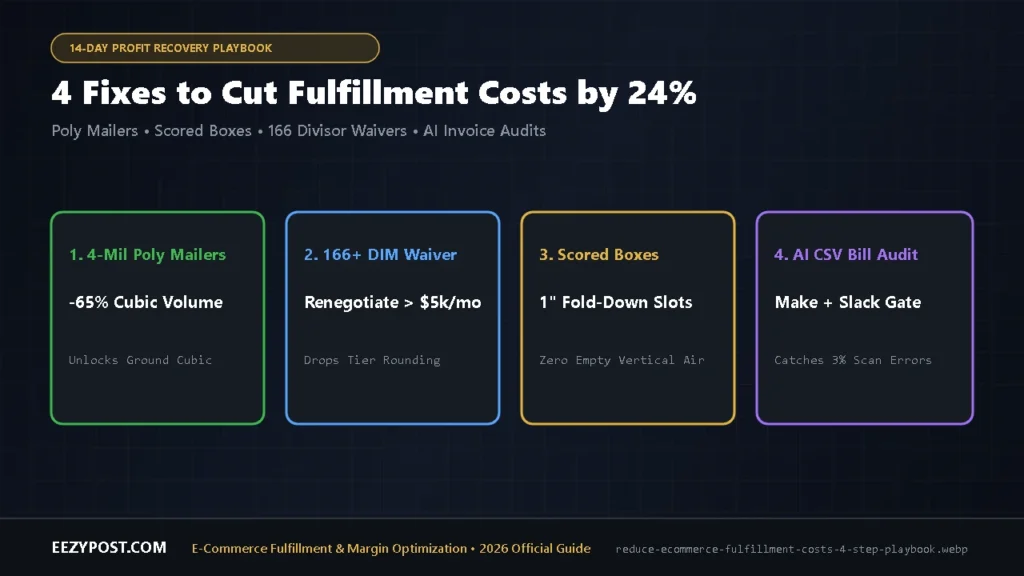 Action checklist to reduce ecommerce fulfillment costs using 4-mil poly mailers, 166 DIM divisor waivers, scored boxes, and AI invoice audits.