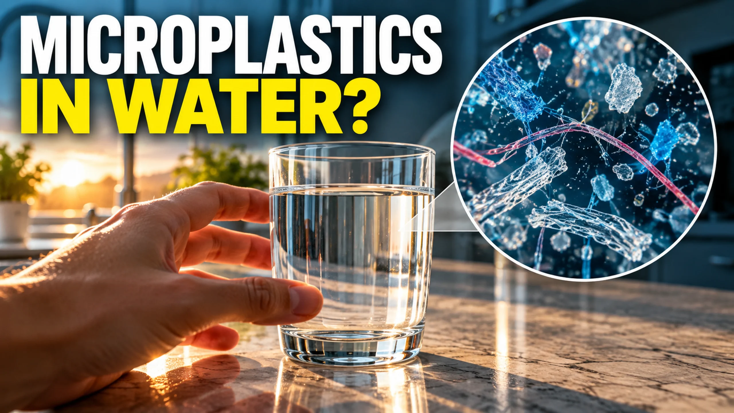 Illustration for how to remove microplastics from drinking water, showing a glass and magnified particles.