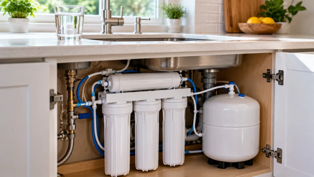 Under-sink reverse osmosis water filtration system with membrane housing and storage tank.