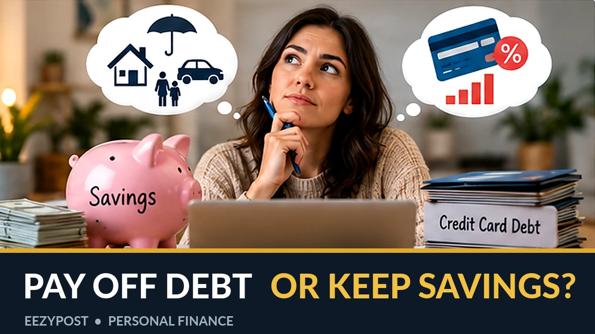 Woman deciding whether to use savings to pay off credit card debt or protect her emergency fund