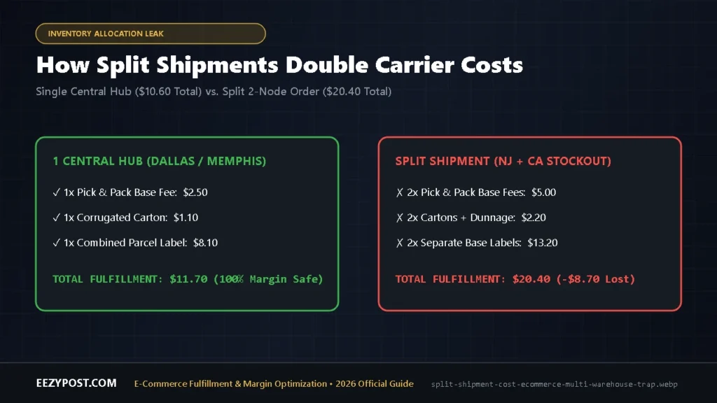 Flowchart of split shipment cost ecommerce penalties showing how one out-of-stock SKU doubles pick fees, box costs, and base carrier labels.