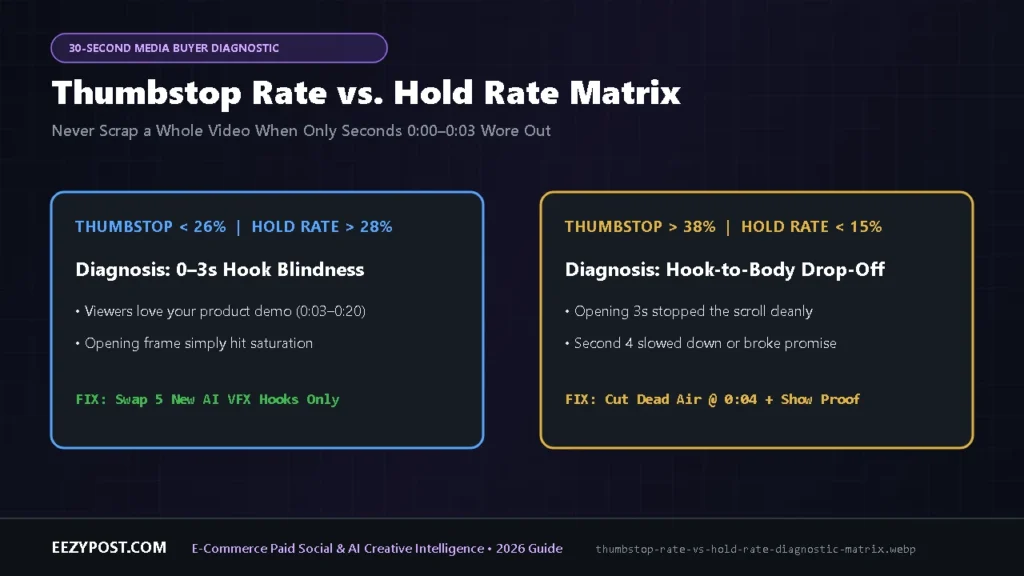 Flowchart of thumbstop rate vs hold rate showing how to isolate 0-to-3 second hook fatigue versus 3-to-15 second demo drop-off.